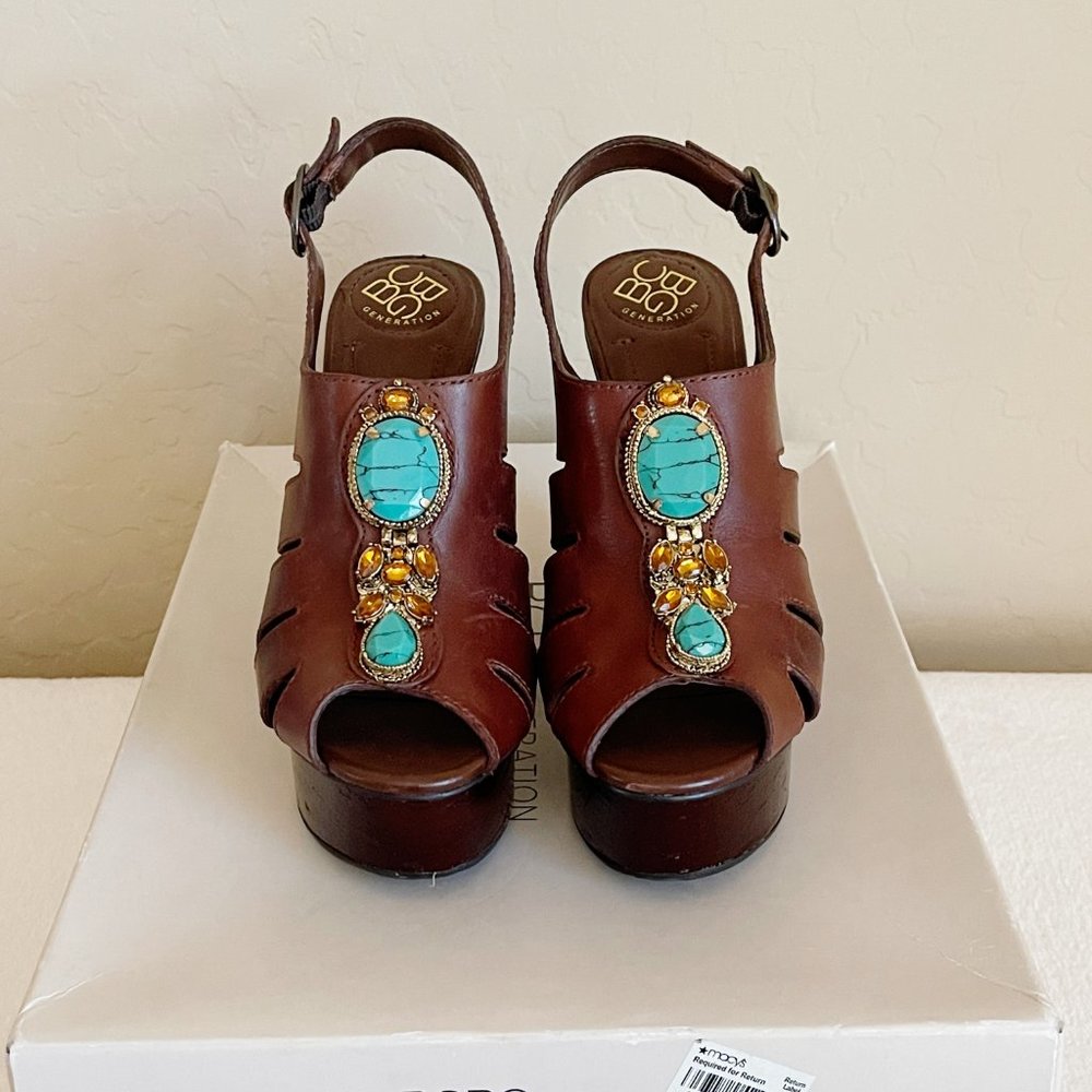 New BCBGeneration Sandals Drama Brown Turquoise Bead Stone Platform Wedge Sz 6 - Picture 6 of 13
